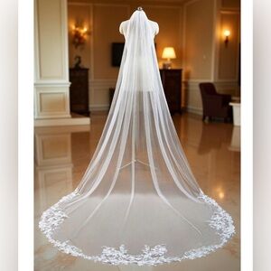 New 118 in Extra Long Bridal Veil Wedding Lace Trim Floral Cathedral True White